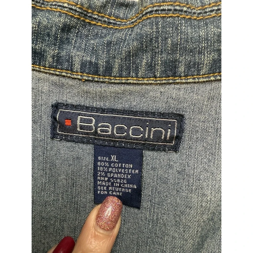 Baccini Women's Denim Jean Jacket 2 Button Blazer W/ Studs & Frayed Trim XL 90s